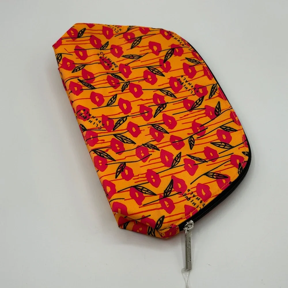 Clinique x Donald Robertson Makeup Bag Orange Pink Lips Leaf Cosmetic Pouch NWOT